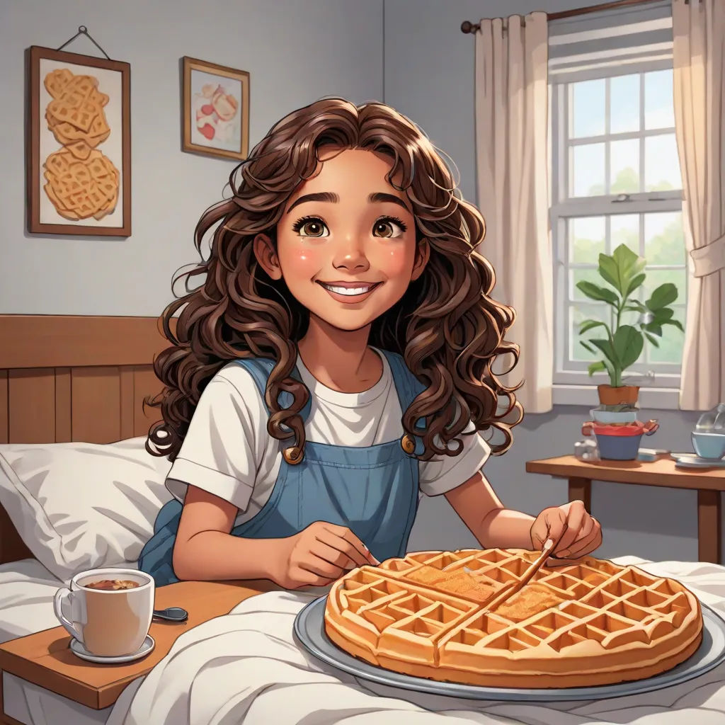 a girl sitting at a table with a plate of waffles on it and a cup of coffee, american scene painting, a storybook illustration, disney, official art