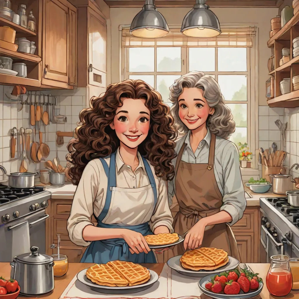 a couple of women standing in a kitchen next to a counter top with waffles on it and fruit on the counter, american impressionism, a storybook illustration, Brothers Hildebrandt, storybook illustration