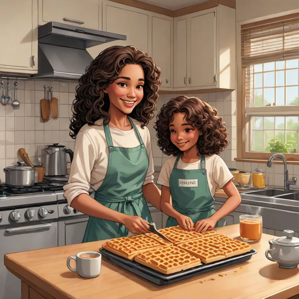 a woman and a girl are making waffles in the kitchen together, with a cup of coffee, american scene painting, a storybook illustration, Brothers Hildebrandt, highly detailed digital painting