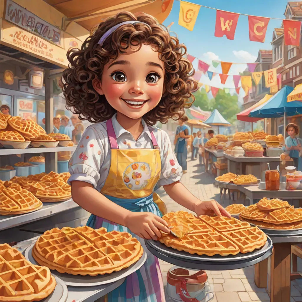 a cartoon girl holding a plate of waffles in a market place with a crowd of people in the background, american scene painting, a storybook illustration, Bob Byerley, official art
