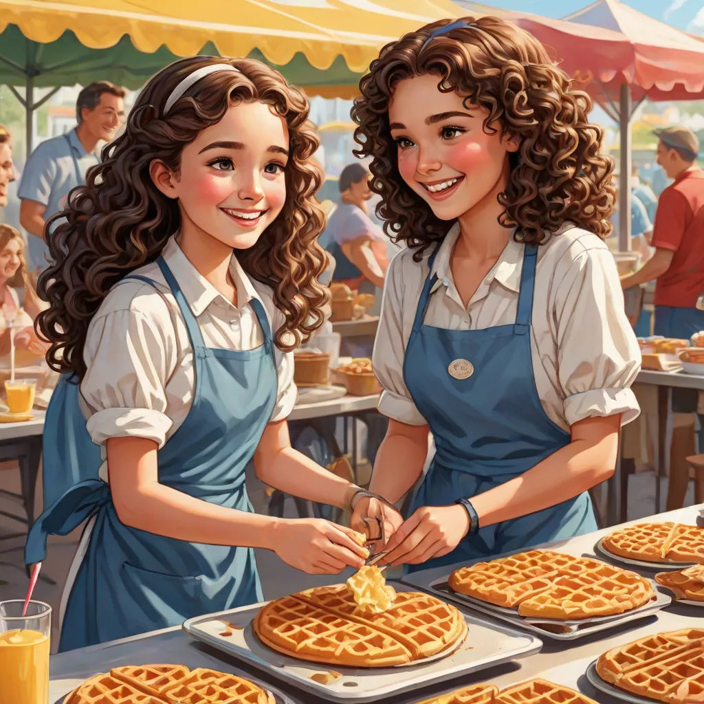 two women are making waffles at a table with orange juice and orange juice in a glass in front of them, fantastic realism, a storybook illustration, Brothers Hildebrandt, official art