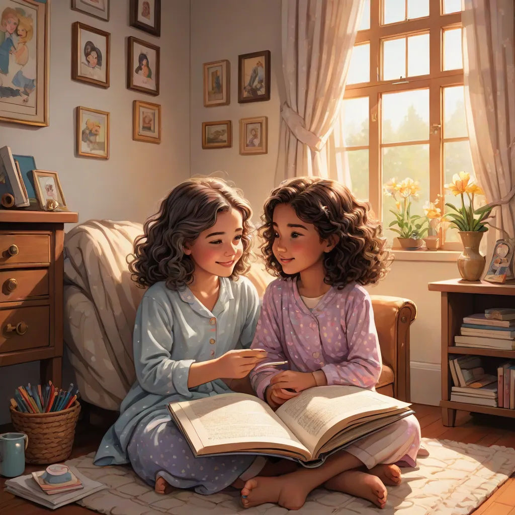 two girls sitting on a bed reading a book together, with a window in the background and a rug on the floor, american scene painting, a storybook illustration, Brothers Hildebrandt, storybook illustration
