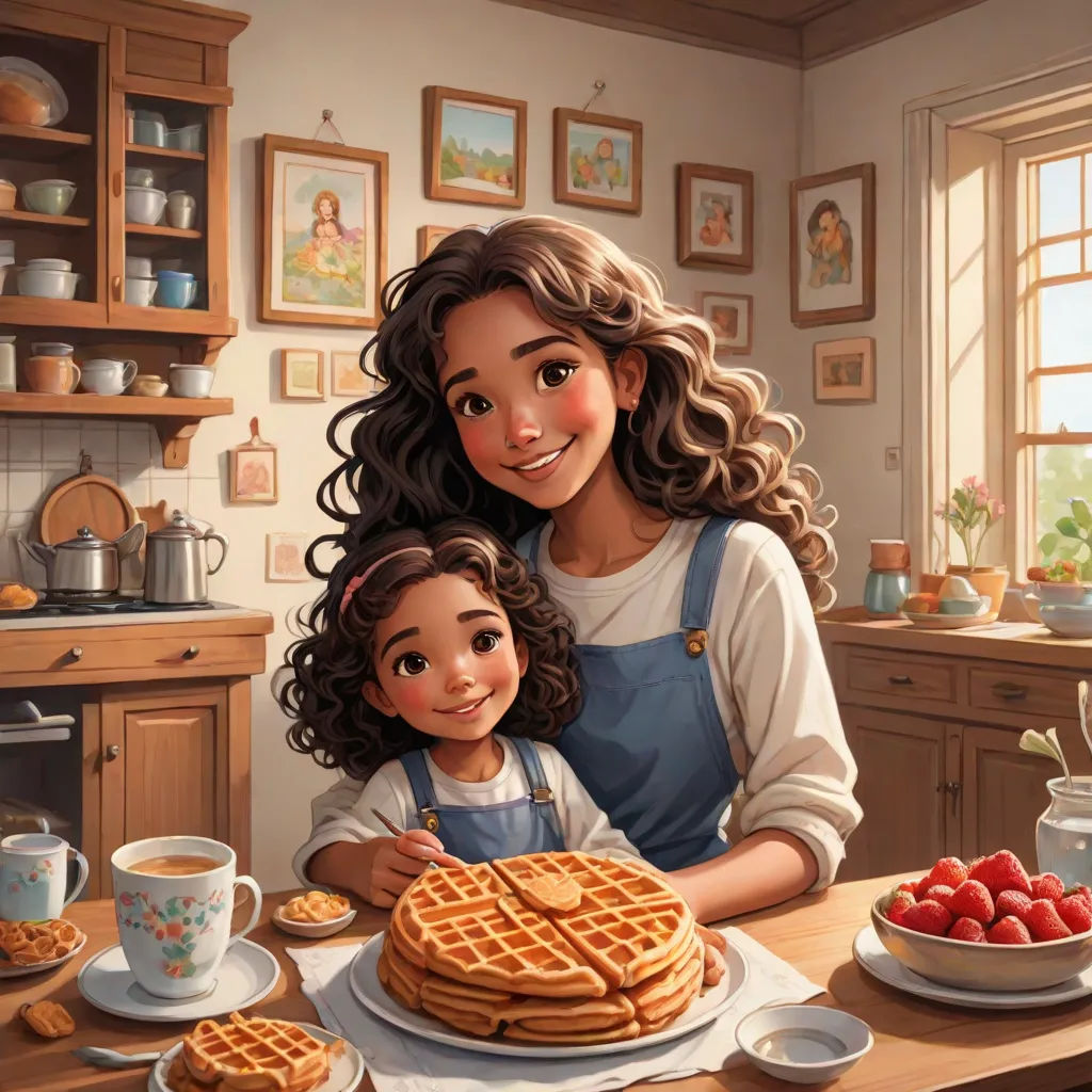 a woman and a child are sitting at a table with a plate of waffles and strawberries, american scene painting, a storybook illustration, disney, storybook illustration