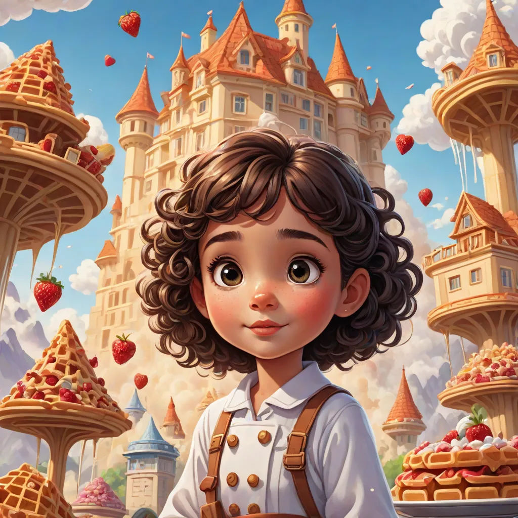 a cartoon character standing in front of a castle with a lot of food on it's shelves and a giant building in the background, fantasy art, a storybook illustration, Chris LaBrooy, kinkade