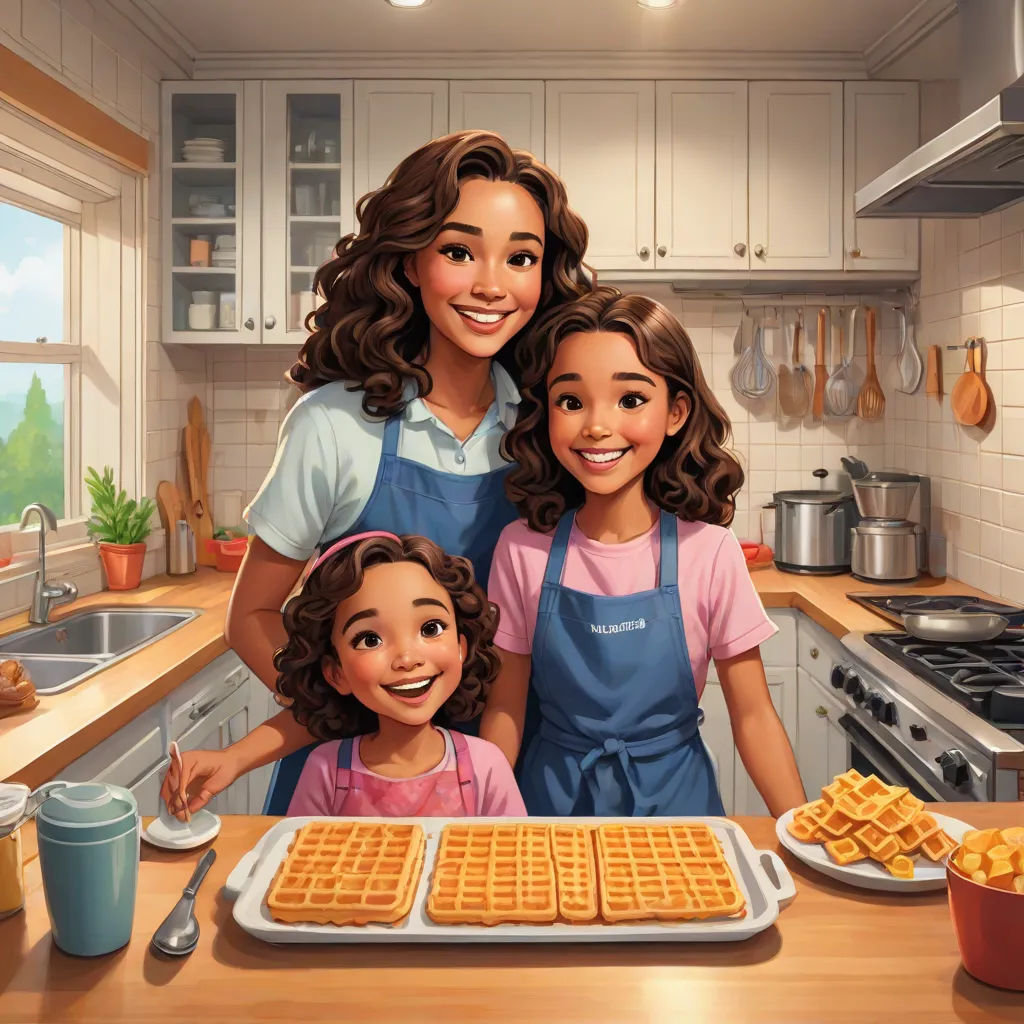 a painting of a mother and daughter cooking together in the kitchen with waffles on the counter top, american scene painting, a storybook illustration, disney, official art
