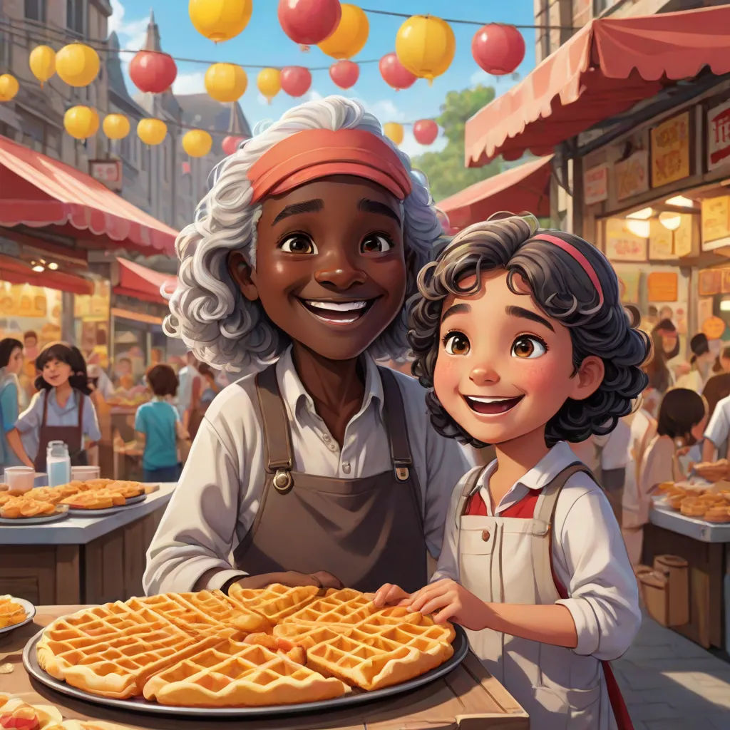 a woman and a child standing in front of a giant waffle on a table with a giant waffle on it, harlem renaissance, a storybook illustration, Chris LaBrooy, official art