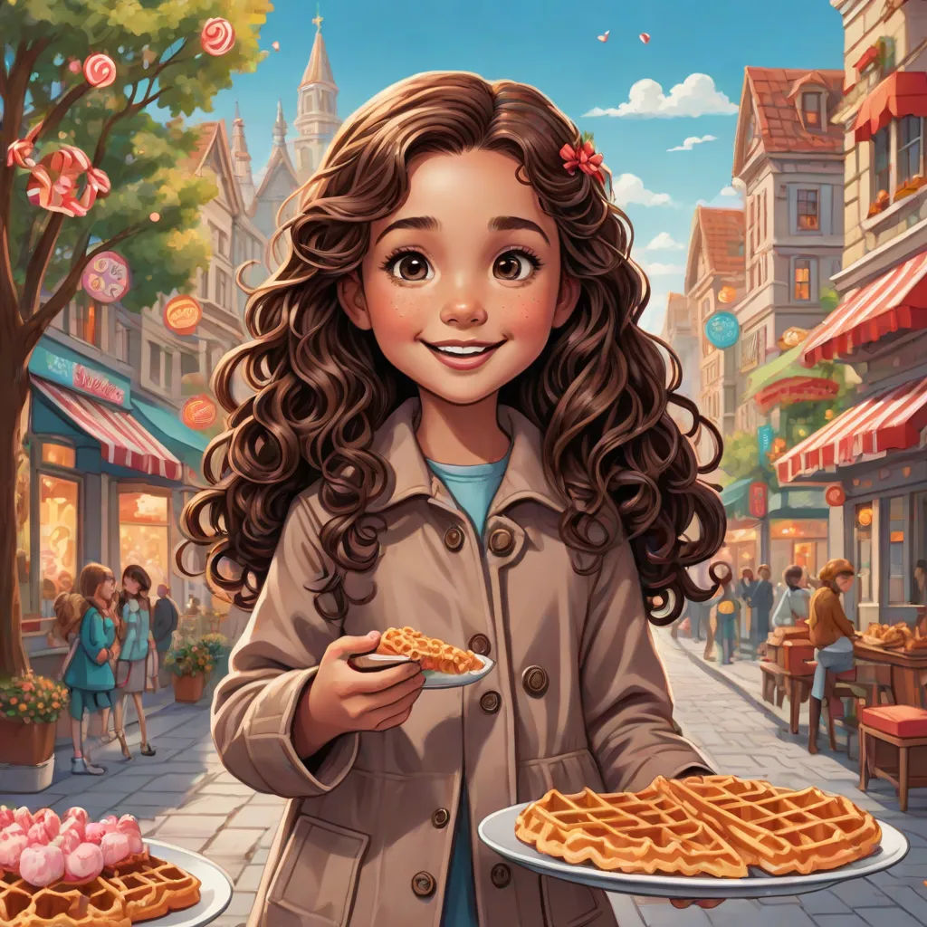 a girl holding a plate of waffles in a city street with a woman in the background and a man in the background, american scene painting, a storybook illustration, Clarice Beckett, kinkade