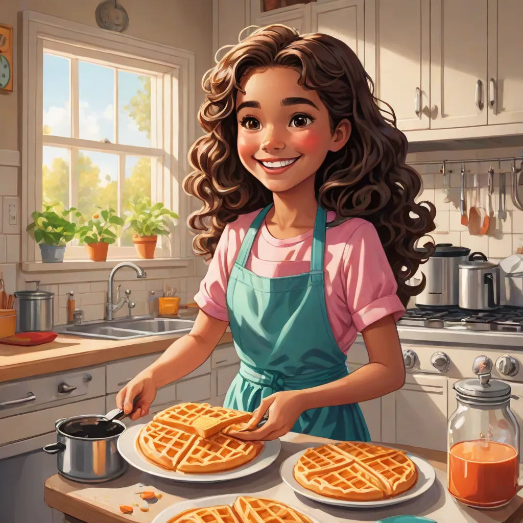 a girl is making a waffle in the kitchen with a pot and pan of syrup on the counter, american scene painting, a storybook illustration, Chris LaBrooy, highly detailed digital painting