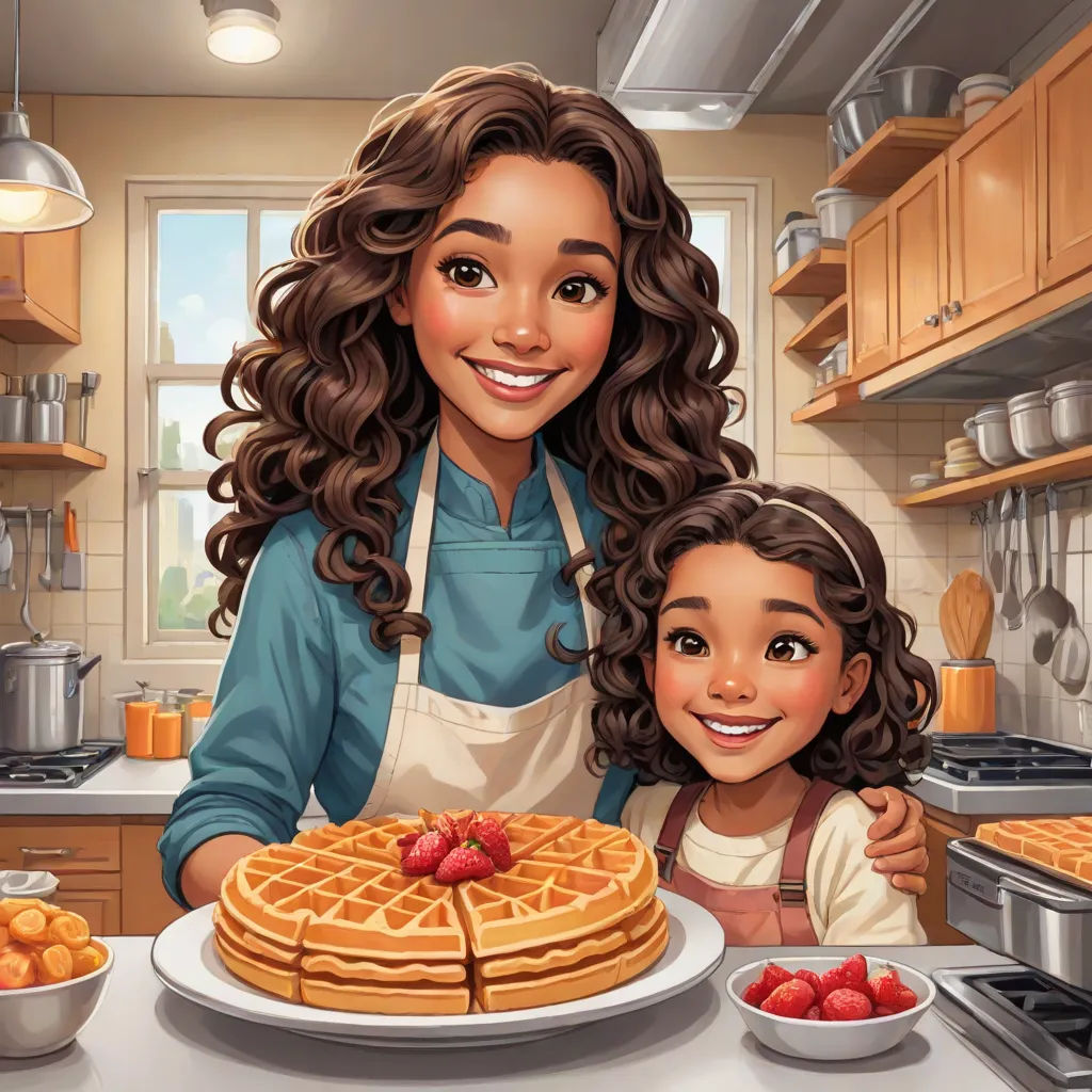 a woman and a child standing in front of a plate of waffles and strawberries on a counter, american scene painting, a storybook illustration, disney, kinkade