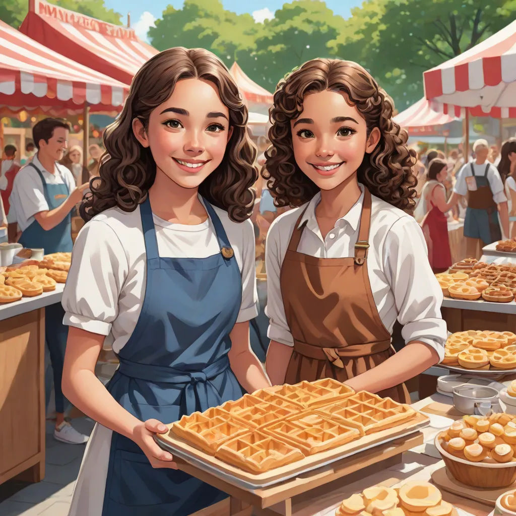 two women holding a tray of waffles in front of a crowd of people at a food stand, les automatistes, a storybook illustration, Brothers Hildebrandt, ultra realistic illustration