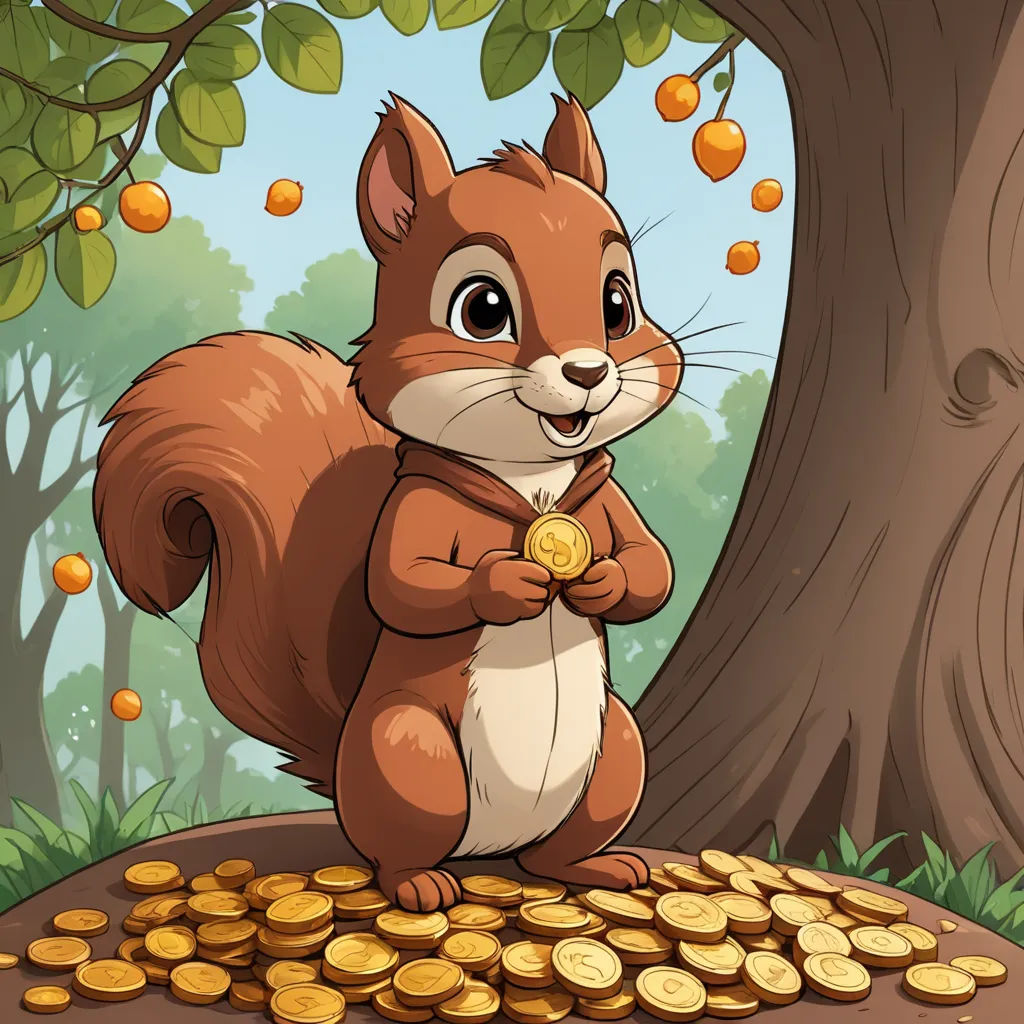 a squirrel standing on a pile of coins in front of a tree with oranges on it's branches, sots art, a character portrait, Chippy, character portrait