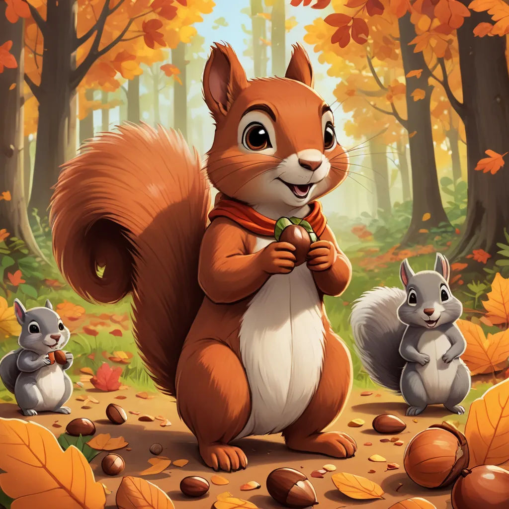 a squirrel and two squirrels in a forest with leaves and acorns on the ground, with a background of trees and leaves, furry art, a detailed painting, Chris LaBrooy, key art