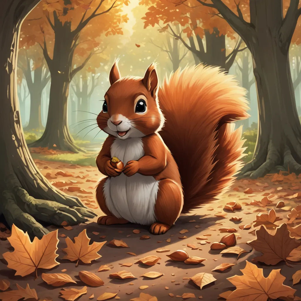 a squirrel sitting in the leaves in a forest with a sunbeam in the background and a tree with leaves, altermodern, an ultrafine detailed painting, Chris LaBrooy, official art