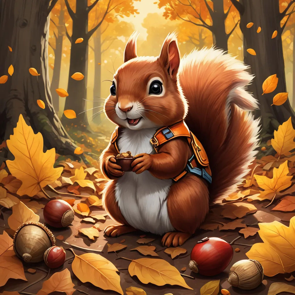 a squirrel is standing in the leaves with a backpack on his back and a nut in his hand,, sots art, a character portrait, Chris LaBrooy, magic the gathering artwork