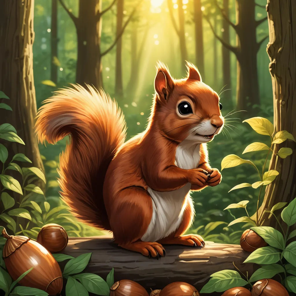 a squirrel is sitting on a log in the forest with acorns around it and a sunbeam in the background, altermodern, a character portrait, Chris LaBrooy, magic the gathering artwork