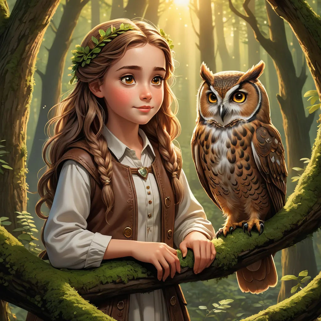 a girl with long hair and a brown vest is holding an owl on a branch in a forest with green moss, fantasy art, a storybook illustration, Brom, storybook illustration
