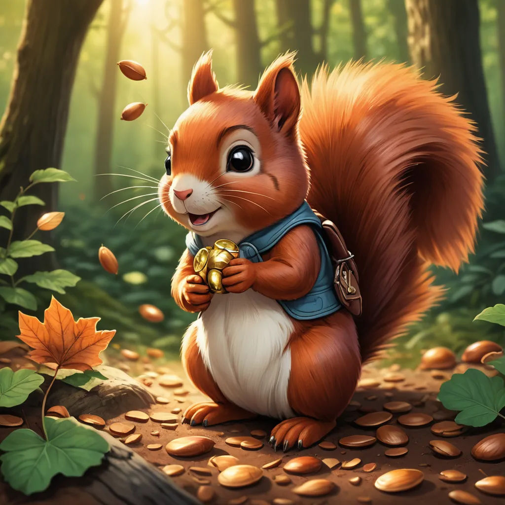 a squirrel with a backpack is standing in the woods with a nut in its hand and a leaf in its hand, sots art, a digital painting, Chris LaBrooy, trending on art station