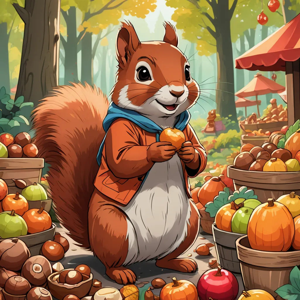 a squirrel is standing in a forest with apples and pumpkins in the background and a tent in the background, furry art, a character portrait, Chris LaBrooy, official art