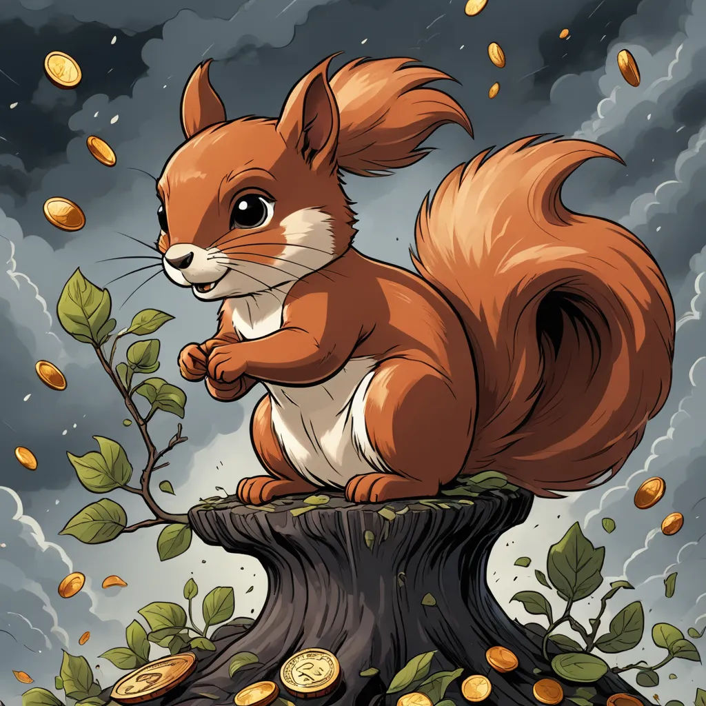a squirrel sitting on top of a tree stump with coins falling from it's mouth and a stormy sky behind it, pop surrealism, a storybook illustration, Chris LaBrooy, fantasy illustration