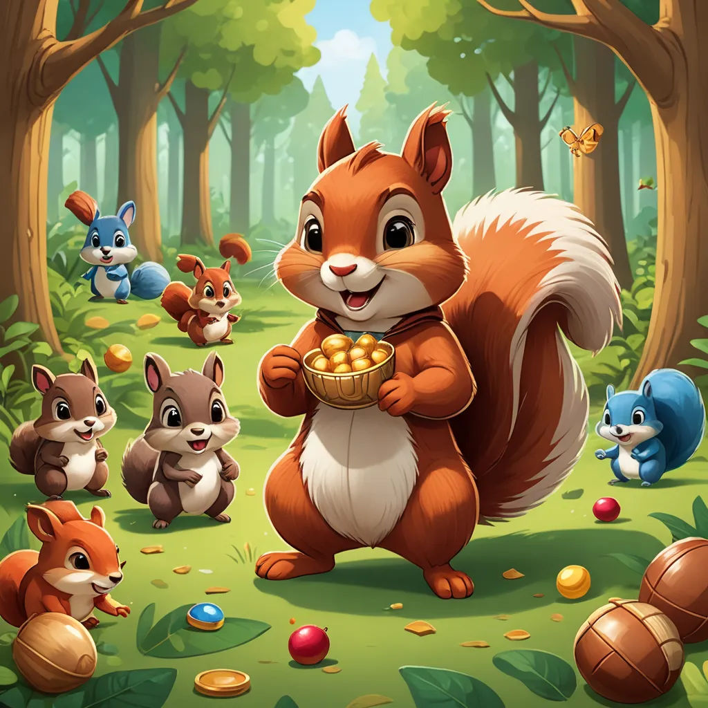 a squirrel holding a basket of gold in a forest with other animals around it and a forest background with trees, furry art, a storybook illustration, Chippy, key art