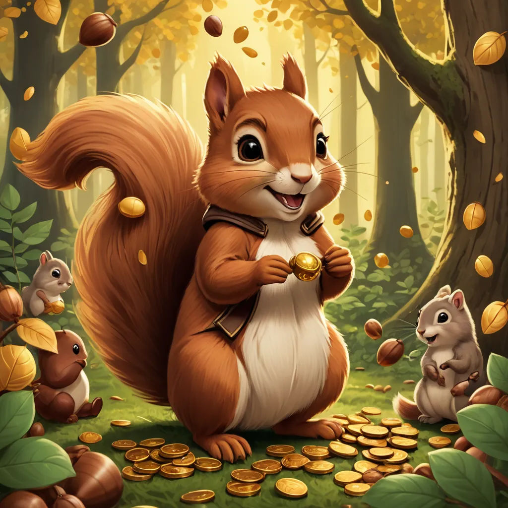 a squirrel is holding a coin in a forest with other animals around it and a tree with leaves and gold coins, altermodern, a character portrait, Chris LaBrooy, magic the gathering artwork