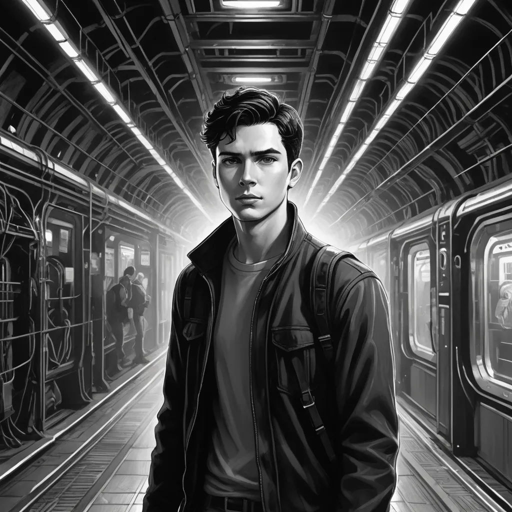 a man standing in a subway station with a backpack on his shoulder and a train in the background, in a black and white photo, sots art, a character portrait, Cedric Seaut (Keos Masons), graphic novel