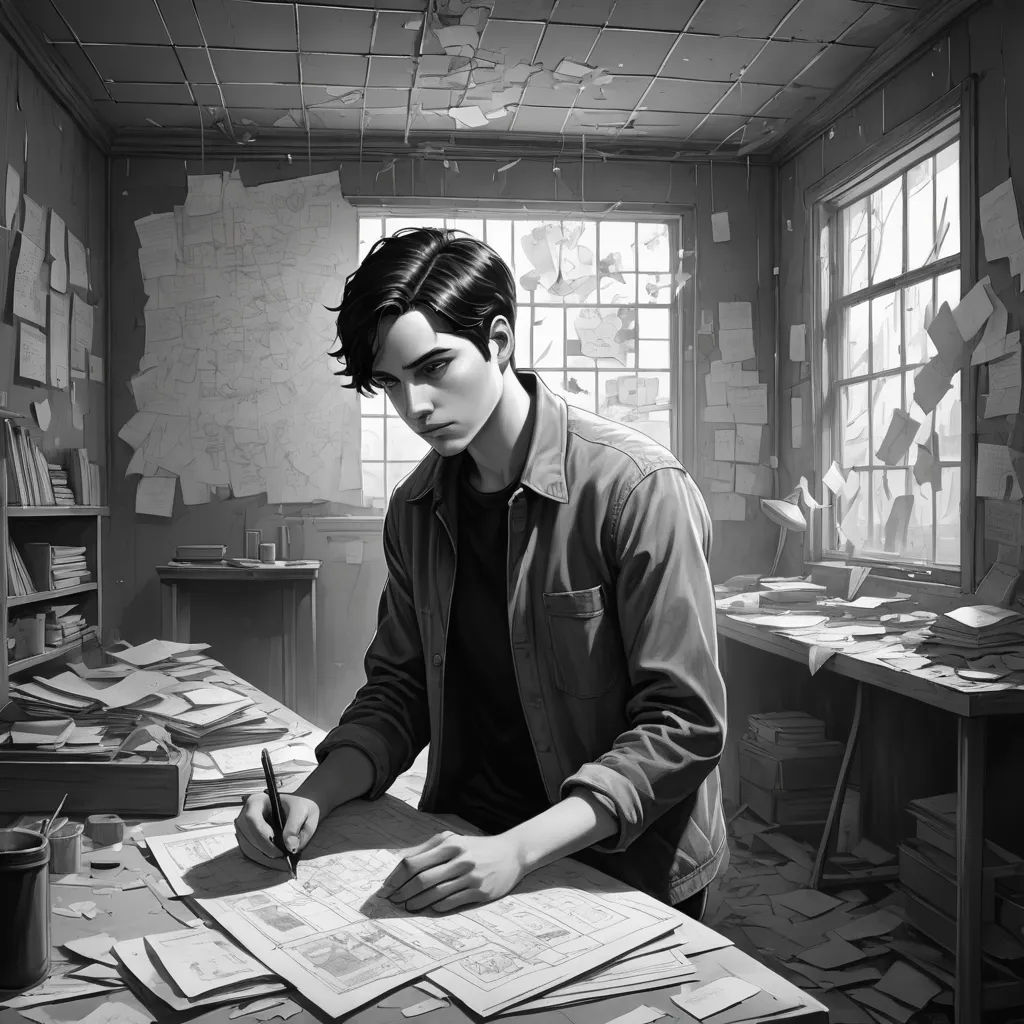 a man sitting at a desk with a pen and paper in his hand and papers on the desk in front of him, serial art, a black and white photo, David Park, official art