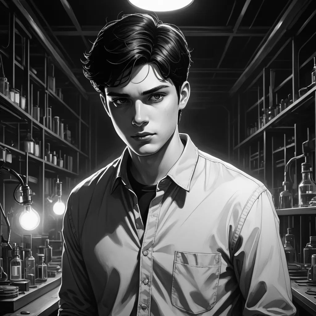 a man in a lab with a light on his head and a light on his chest, in front of a shelf of bottles, sots art, a comic book panel, Everett Warner, stanley artgerm lau