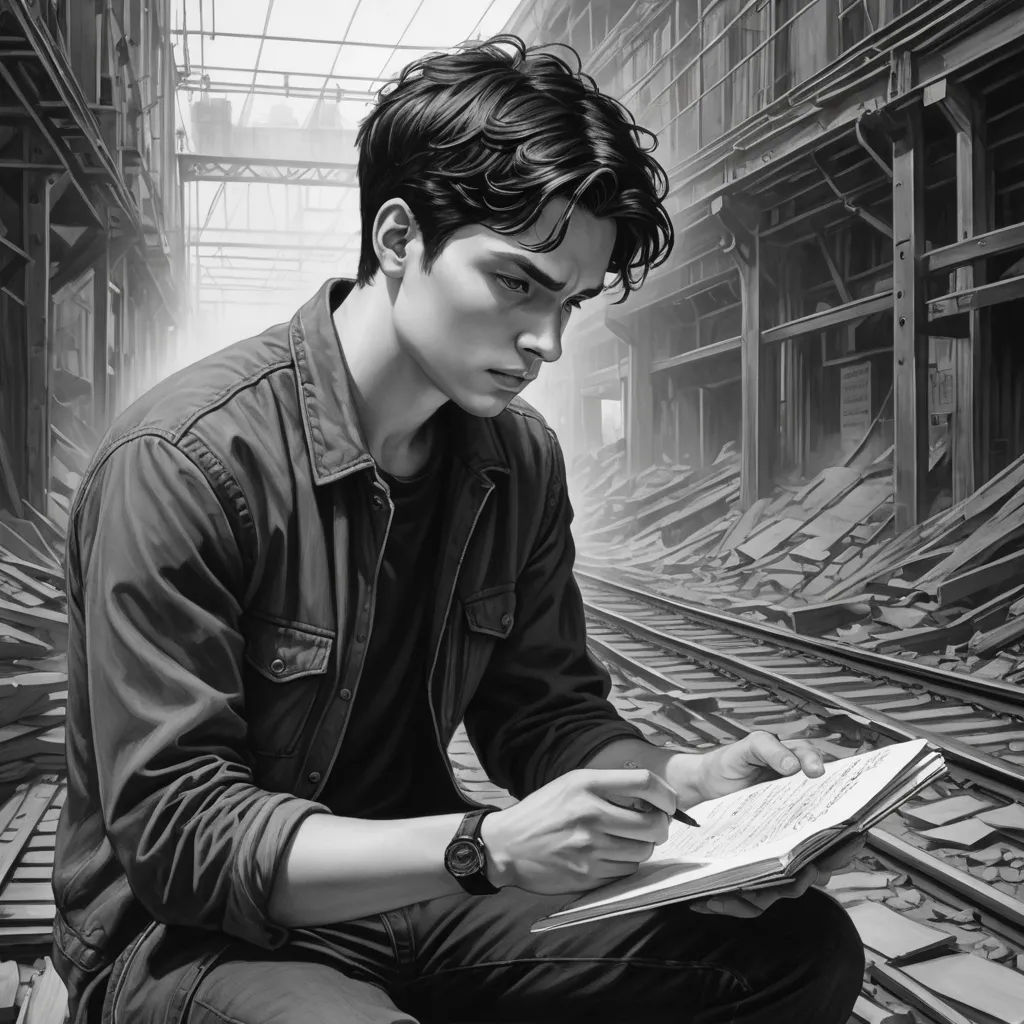 a man sitting on a train track writing on a paper with a pen in his hand and looking down at the paper, photorealism, an ultrafine detailed painting, Cedric Seaut (Keos Masons), stanley artgerm lau