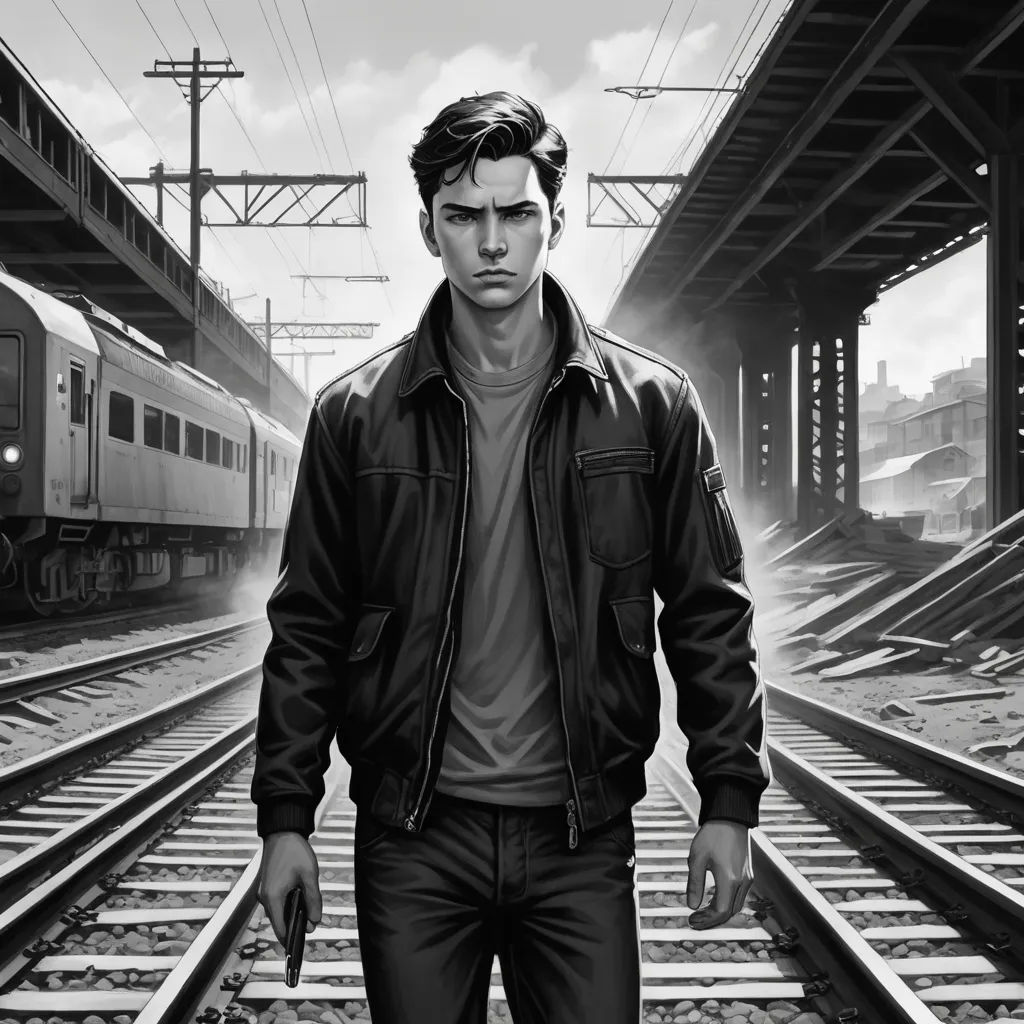 a man walking down a train track next to a train station with a train on the tracks and a train on the tracks, sots art, an ultrafine detailed painting, Alton Tobey, graphic novel