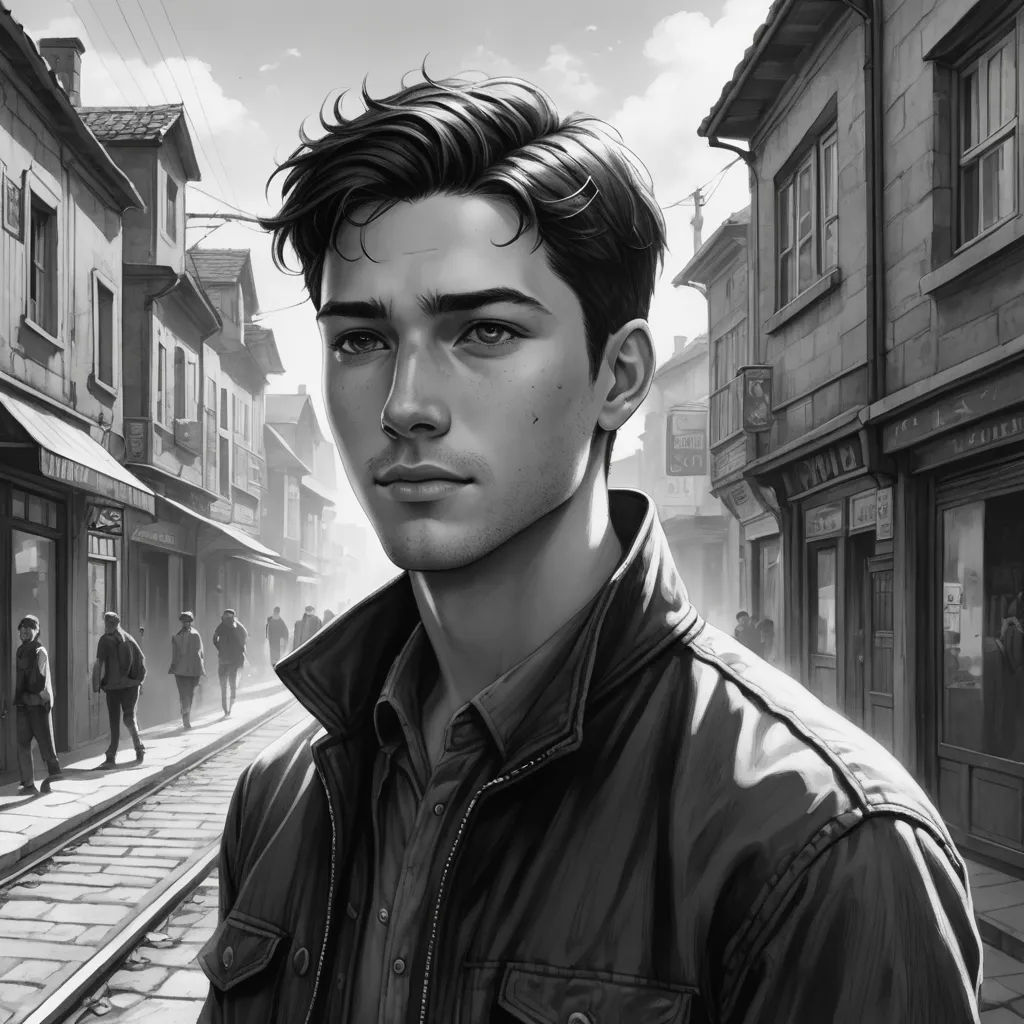 a man standing in front of a train track next to a building and a train track with people walking on it, sots art, a character portrait, Cedric Seaut (Keos Masons), kinkade