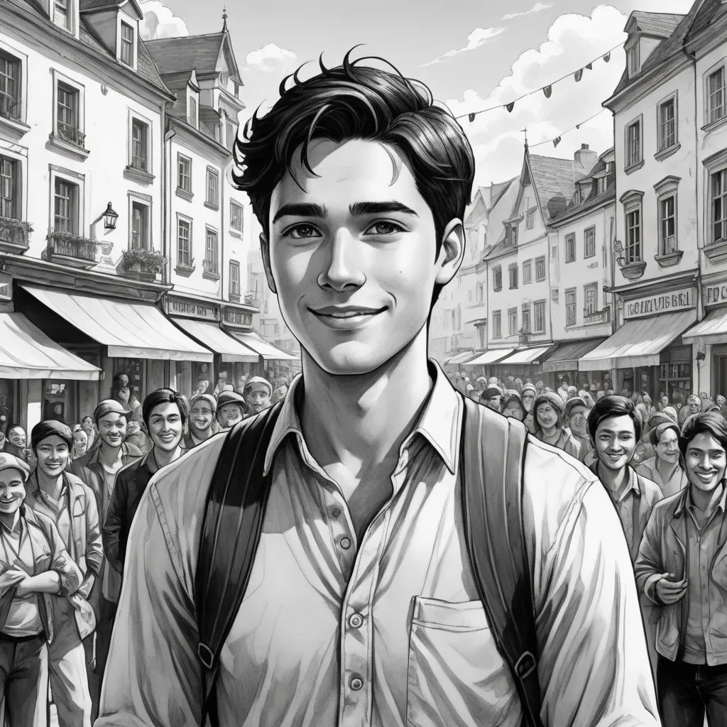 a man with a backpack standing in front of a crowd of people in a city street with buildings and a crowd of people, les automatistes, a character portrait, Cedric Seaut (Keos Masons), graphic novel