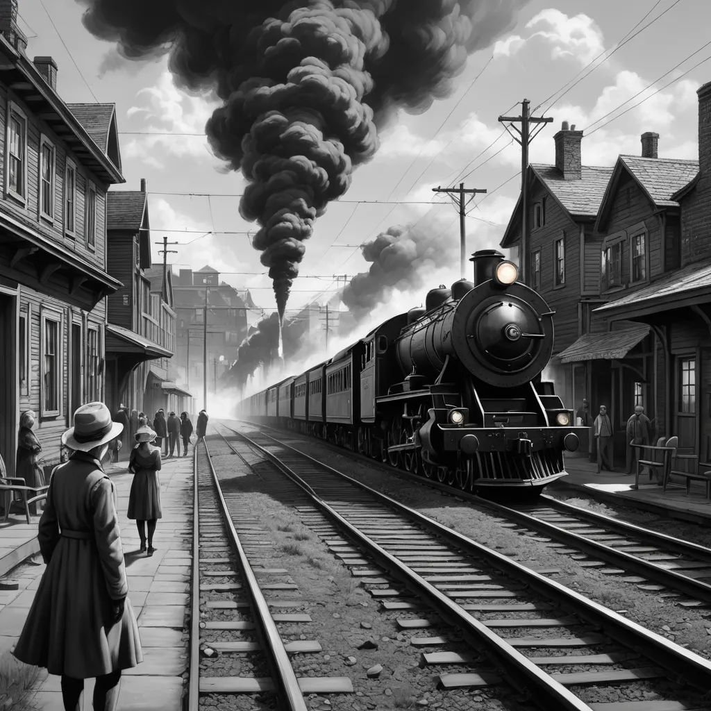 a train traveling down train tracks next to a train station with people walking on the side of the tracks, american scene painting, a detailed matte painting, David Martin, matte drawing