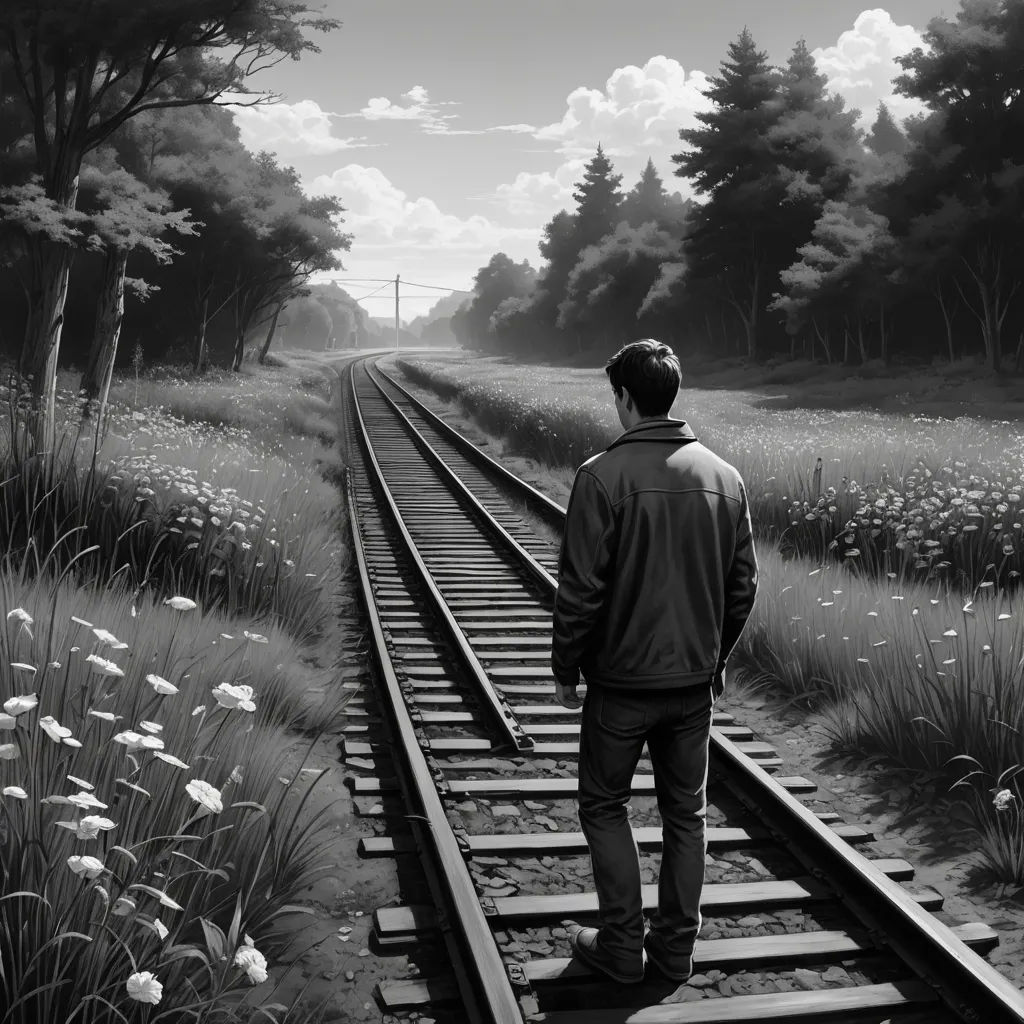 a man standing on a train track looking at the woods and flowers in the distance, with a sky background, fantastic realism, an ultrafine detailed painting, Cyril Rolando, matte painting
