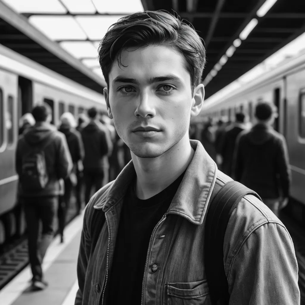 a man standing in front of a train at a station with people waiting on the platform to board it, neoplasticism, a black and white photo, Daniel Lieske, portrait photography