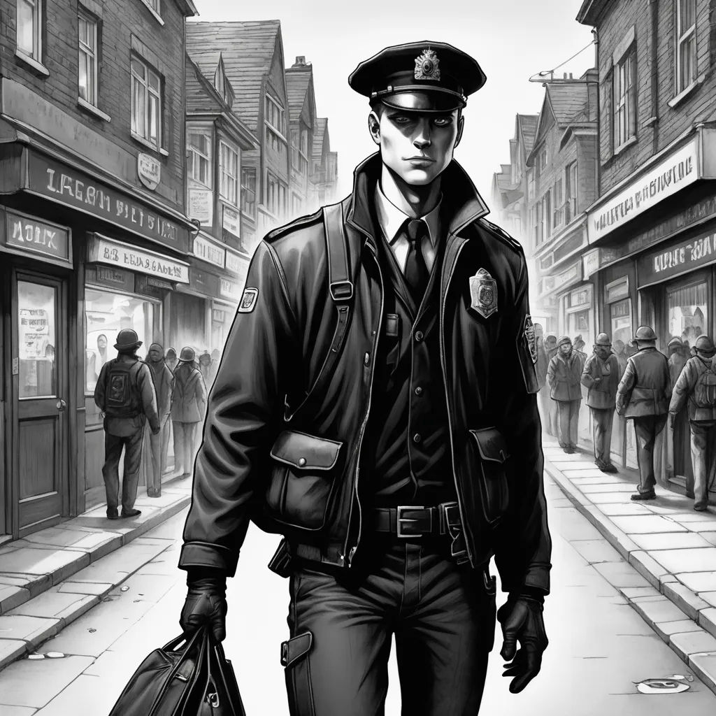 a man in a police uniform walking down a street with a bag of luggage in his hand and a man in a suit and tie, photorealism, an ultrafine detailed painting, Cedric Seaut (Keos Masons), graphic novel