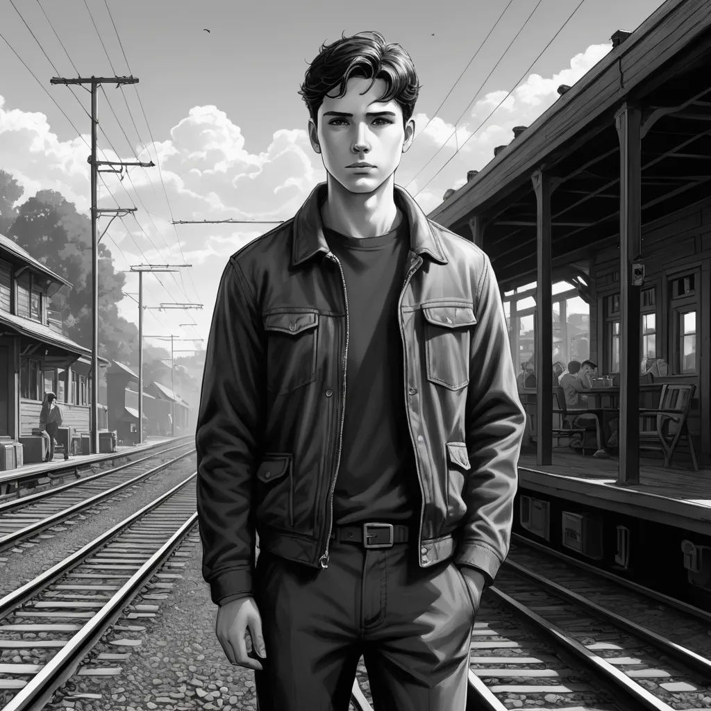 a man standing in front of a train station with a train on the tracks behind him and a sky with clouds, serial art, a character portrait, Anthony Palumbo, tom of finland