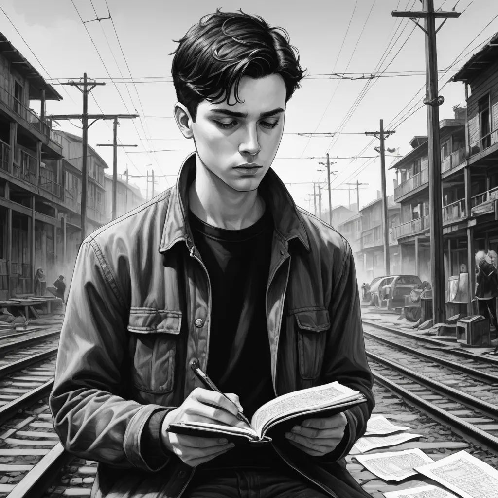 a man sitting on a train track while writing a book in his hand and looking at the camera with a train in the background, photorealism, a photorealistic painting, David Palumbo, stanley artgerm lau