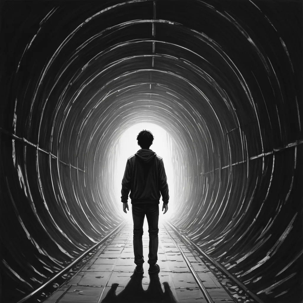 a man standing in a tunnel with his back to the camera and his hands on his hipster's hips, underground comix, an ultrafine detailed painting, Cyril Rolando, liminal