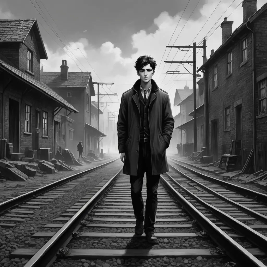 a man in a trench coat standing on train tracks in a town with buildings and railroad tracks in the background, aestheticism, a black and white photo, Fletcher Martin, dark shadows