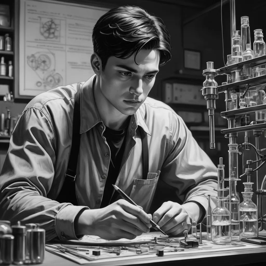 a man in a lab working on a model of a machine with a beakle in his hand and a beakle in his other hand, photorealism, a computer rendering, Andrew Loomis, matte drawing