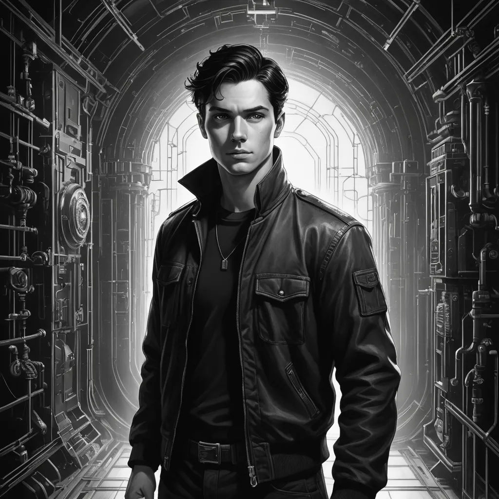 a man in a black jacket standing in a tunnel with a clock on the wall behind him and a door in the background, neo-figurative, a character portrait, Cedric Seaut (Keos Masons), dieselpunk