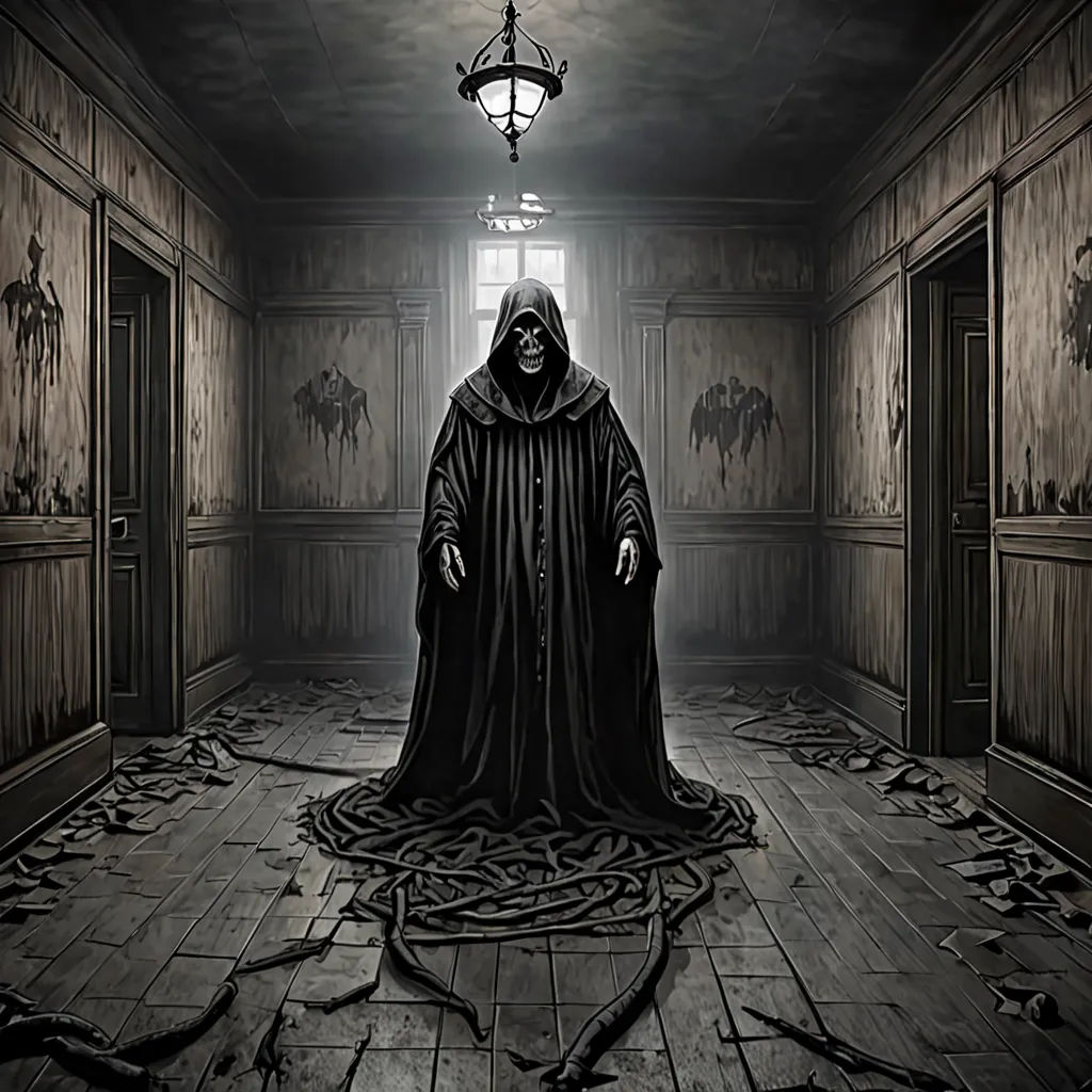 a dark hooded figure standing in a dark hallway with a light on above it and a chain hanging from the ceiling, gothic art, concept art, Dirk Crabeth, dark art