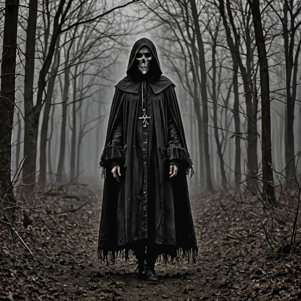 a man in a hooded costume standing in a forest with trees in the background and fog in the air, gothic art, a character portrait, Dirk Crabeth, promotional image