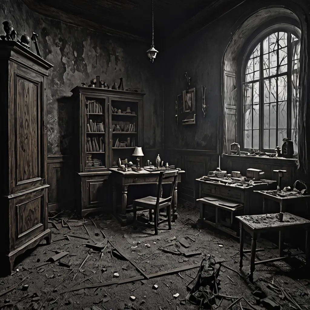 a room with a desk, bookshelf, and a window in it with a lot of debris on the floor, neoplasticism, a detailed matte painting, Dirk Crabeth, grim yet sparkling atmosphere
