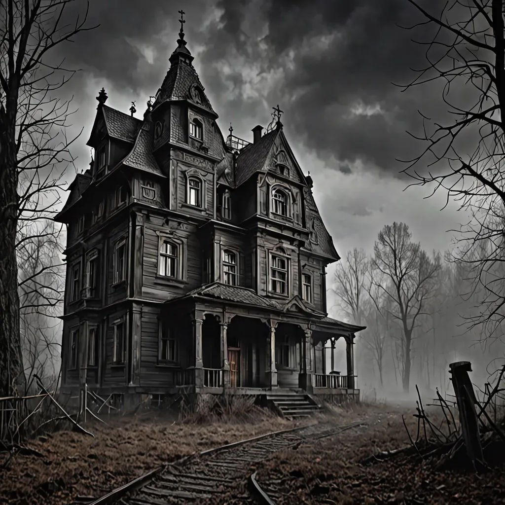 a creepy house with a train track in front of it and a dark sky in the background with clouds, gothic art, a detailed matte painting, Dirk Crabeth, gothic