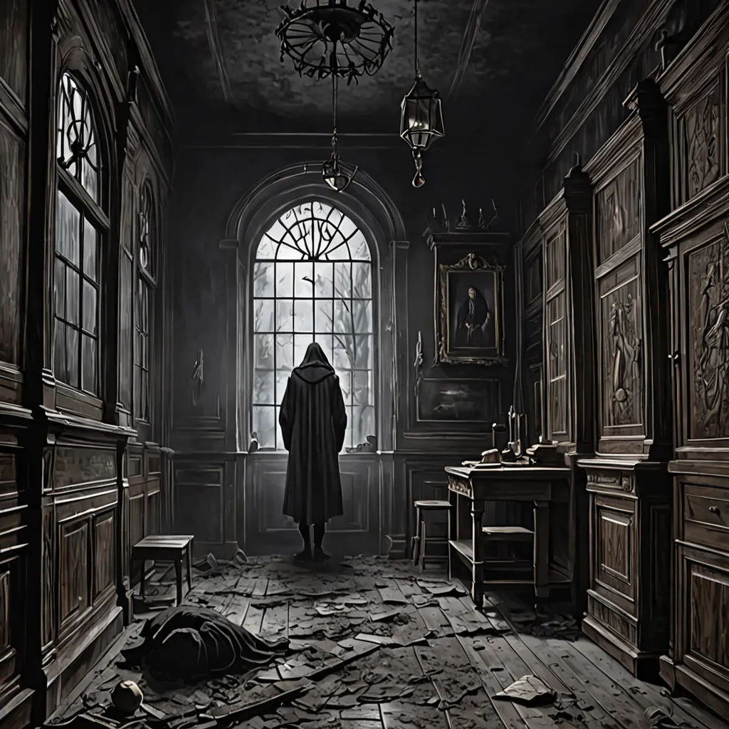 a person standing in a dark room with a large window and a coat on their head and a coat on their shoulders, gothic art, an ultrafine detailed painting, Bastien L. Deharme, bloodborne