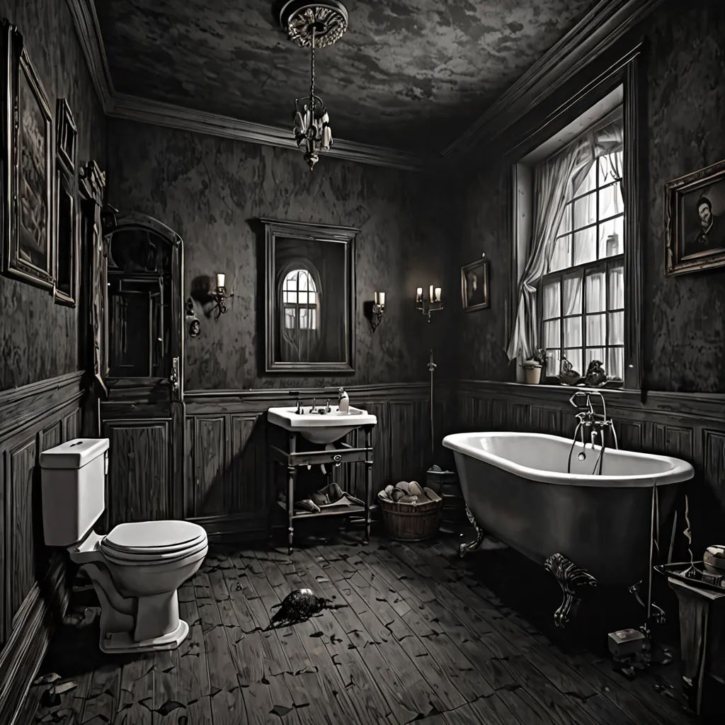 a bathroom with a claw foot tub and a toilet and sink in it, and a chandelier, gothic art, a detailed matte painting, Dirk Crabeth, matte drawing