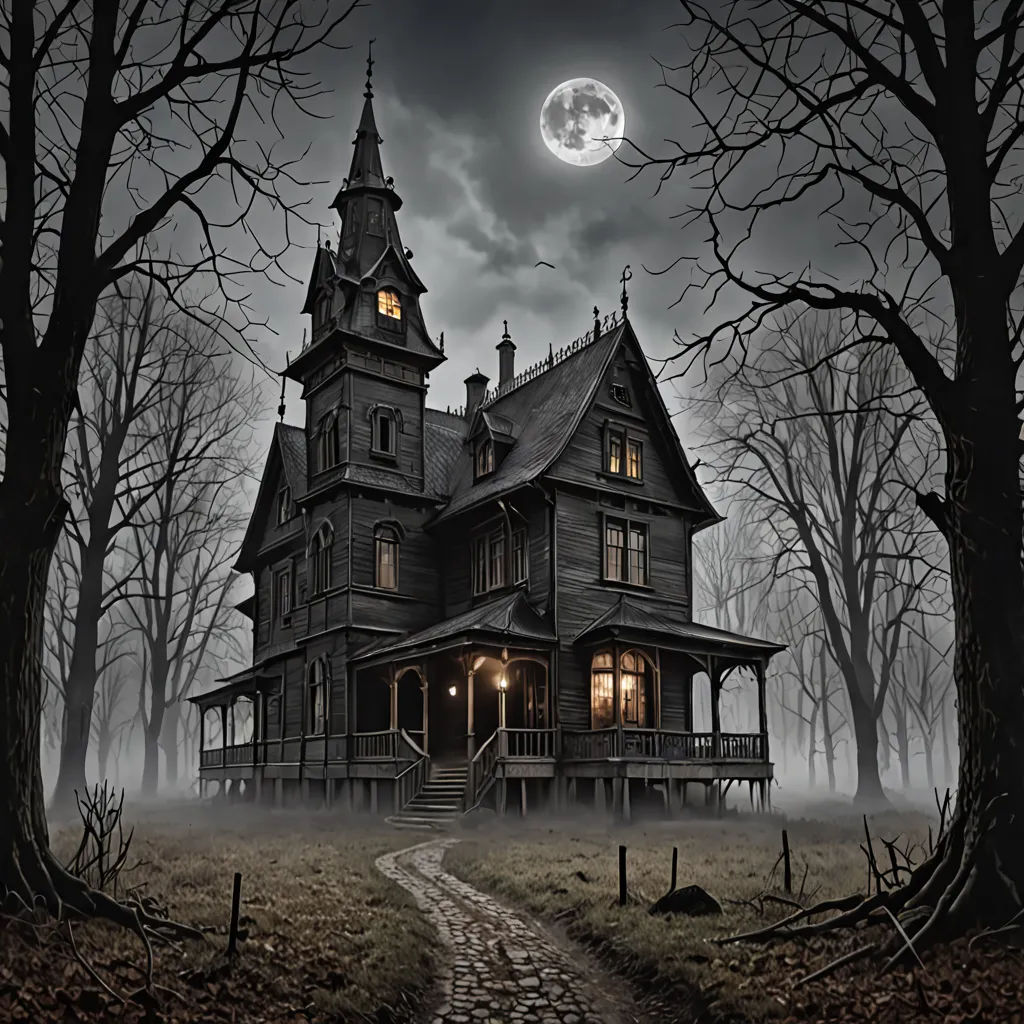 a creepy house with a full moon in the background and a path leading to it in the foreground, gothic art, a detailed matte painting, Eishōsai Chōki, gothic
