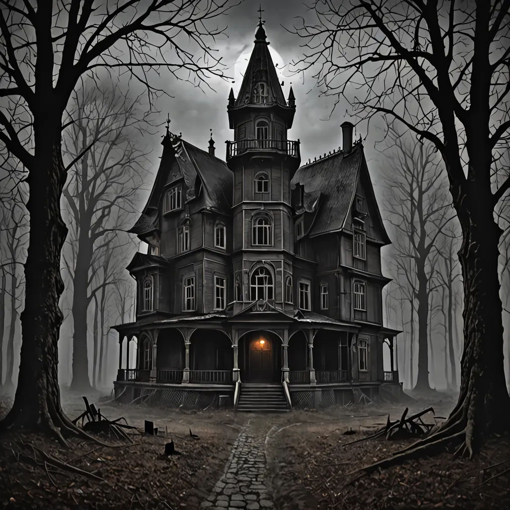 a creepy house with a light in the entrance and a creepy tree in the background with a full moon, gothic art, a digital rendering, Eishōsai Chōki, gothic